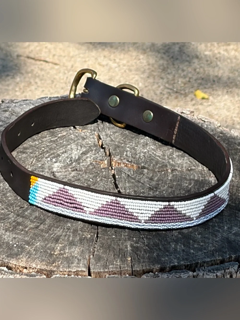 Hand-Beaded Leather Dog Collar- Black/Cream/Lavender/Teal/Yellow w/ Brass